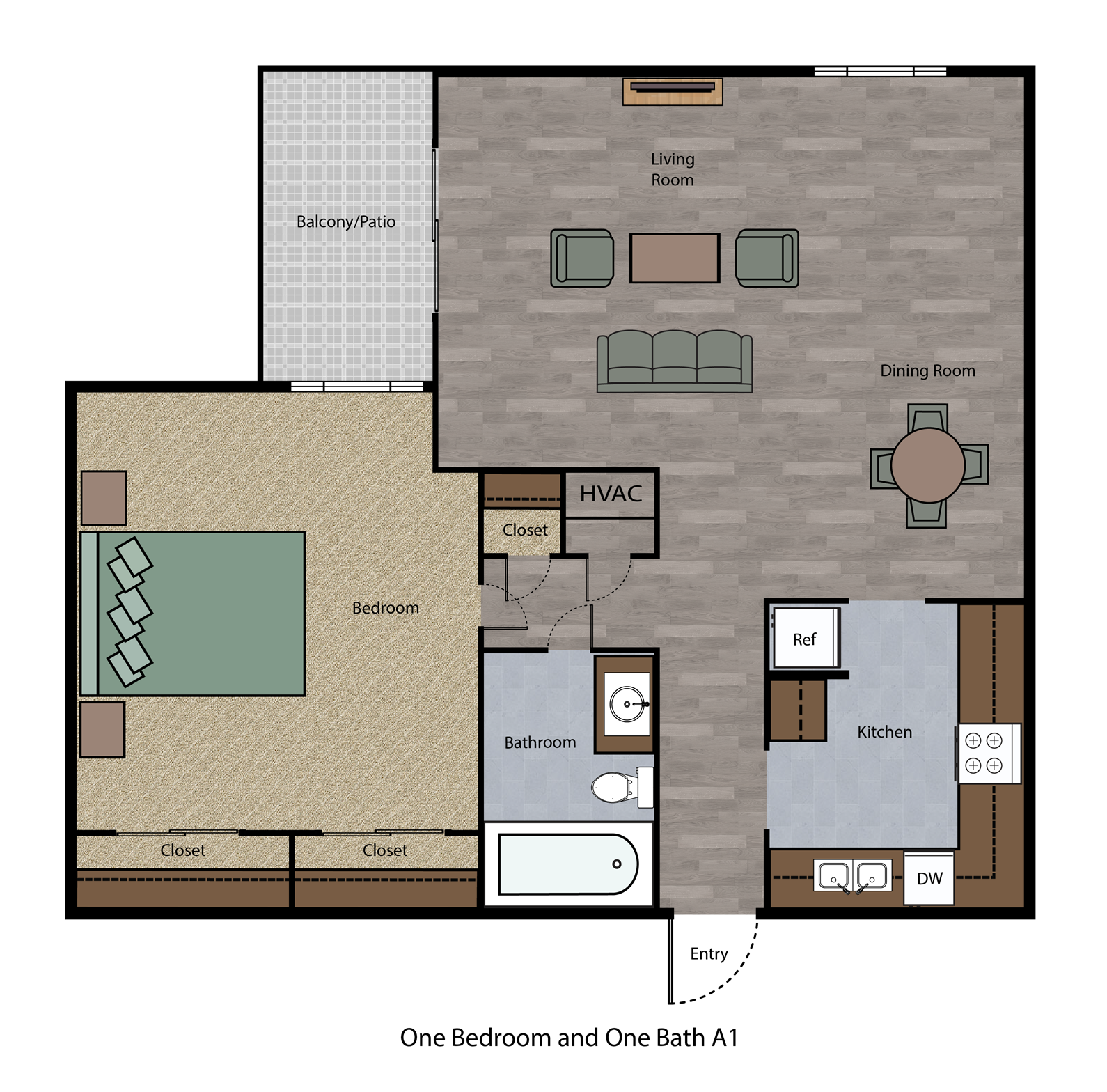 Floor plan for 1 bed, 1 bath, 706 sqft